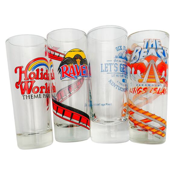 Holiday World Six Flags Amusement Parks Set of 4 Tall 4" Souvenir Shot Glasses - Picture 1 of 7
